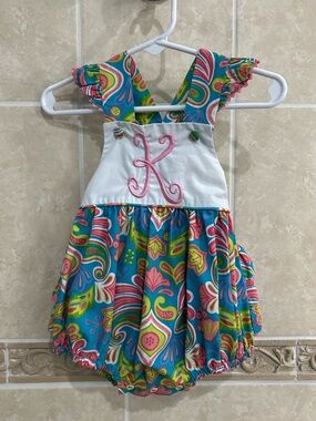Stellybelly K Monogram paisley Ruffle bottom bubble sunsuit